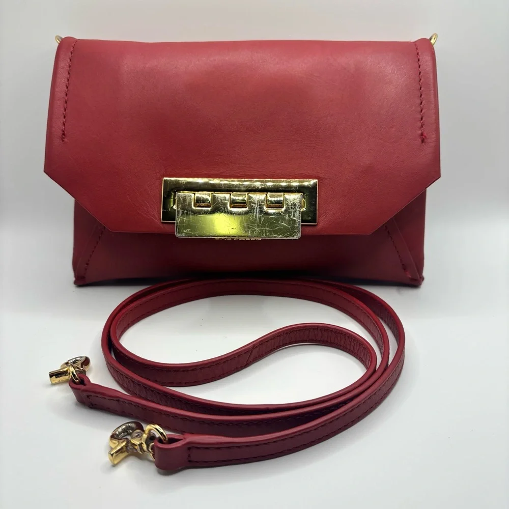 ZAC Zac Posen Red Leather Crossbody Clutch Gold Lock Earthette Style Bag